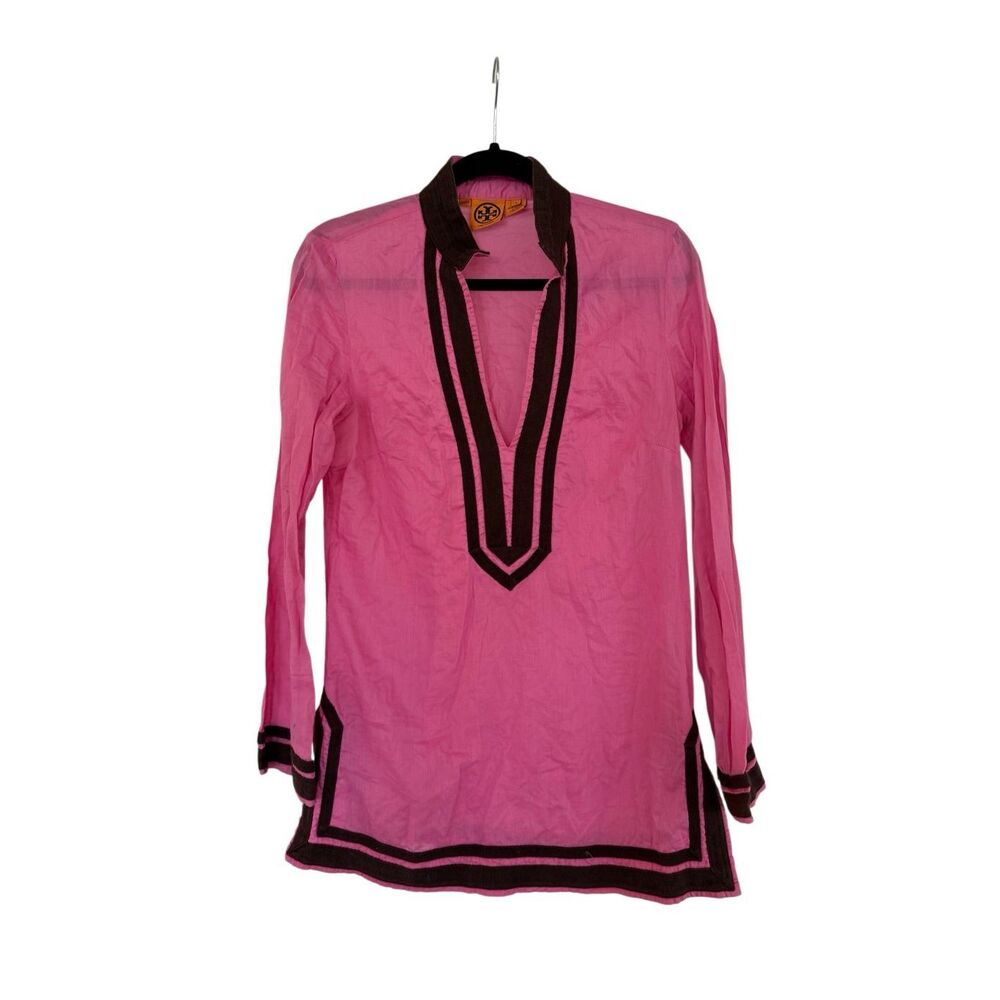 Tory Burch Womens Pink Long Sleeve Cotton Kaftan Tunic Cover-up Dress Size